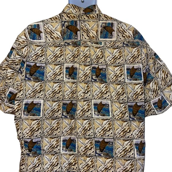 Vtg Hilo Hattie Hawaiian Shirt Mens XL Canoe Sail Beach Vacation Aloha Leaf Tan - Picture 7 of 10